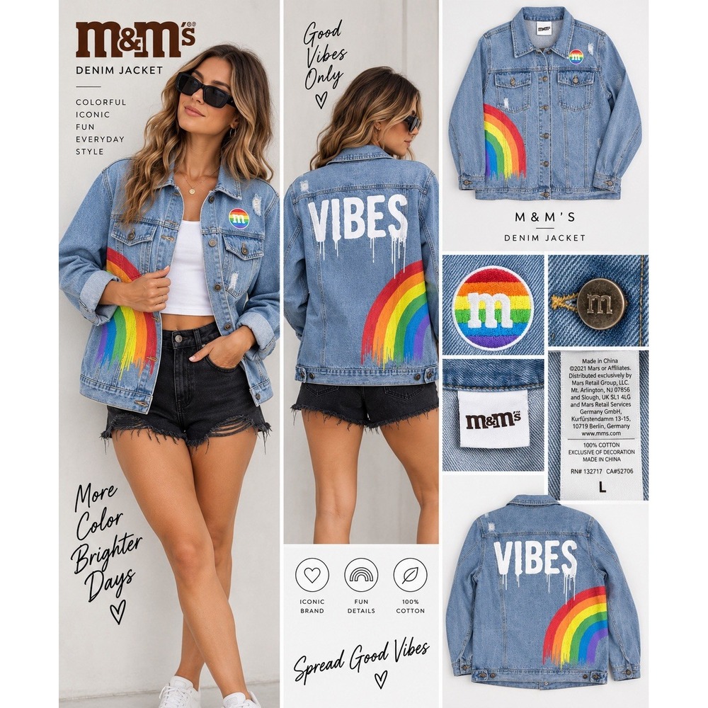 M&M's Women's Denim Jacket L Rainbow Vibes Pride Graphic Distressed Jean Coat